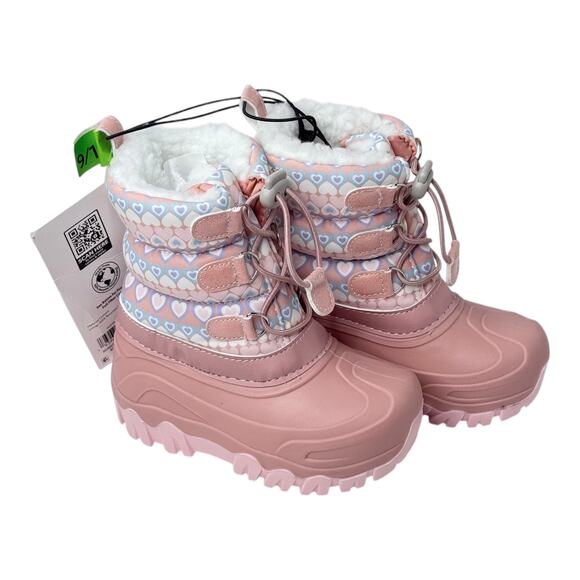 NEW Girls SNOW BOOTS 9/10 Fleece Line Pink Boot Winter Water Resist Hearts NWT - Picture 2 of 9